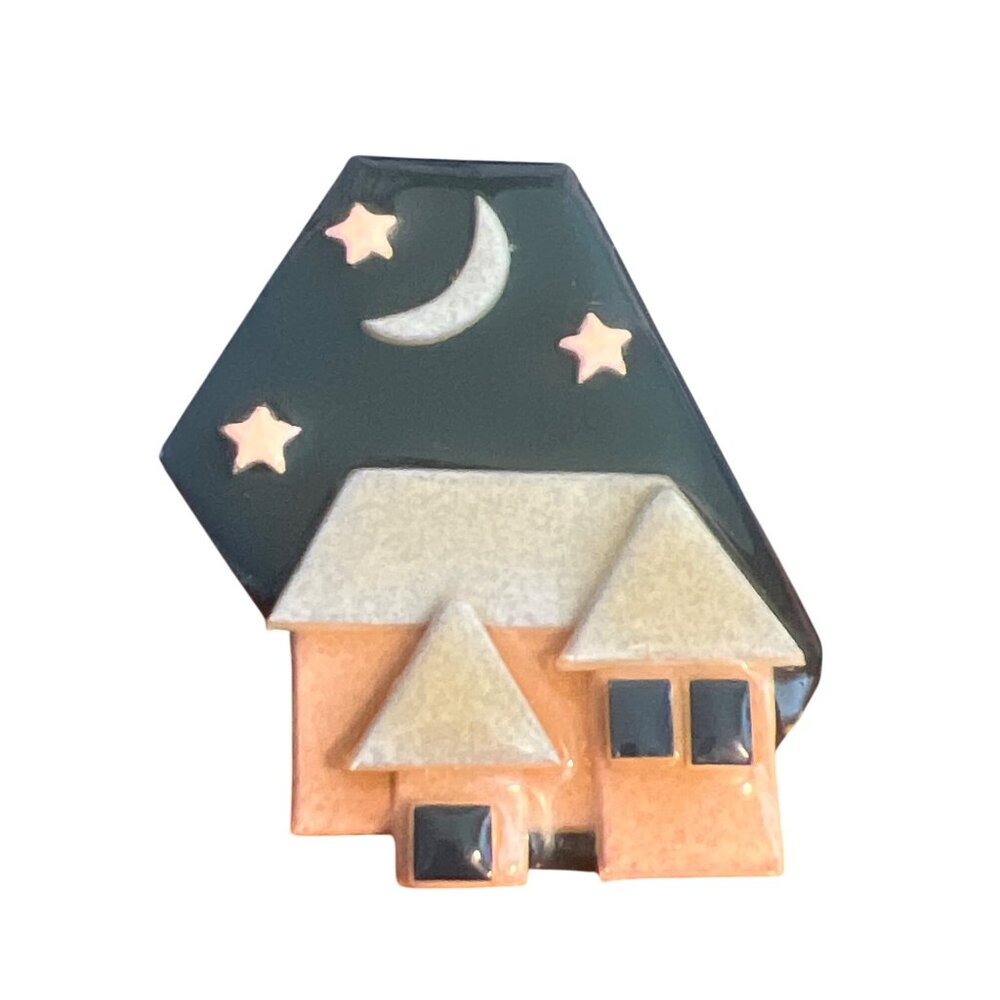 Vintage Lucinda House Pin Brooch Crescent Moon Star Black Gray Peach Estate 2.5"